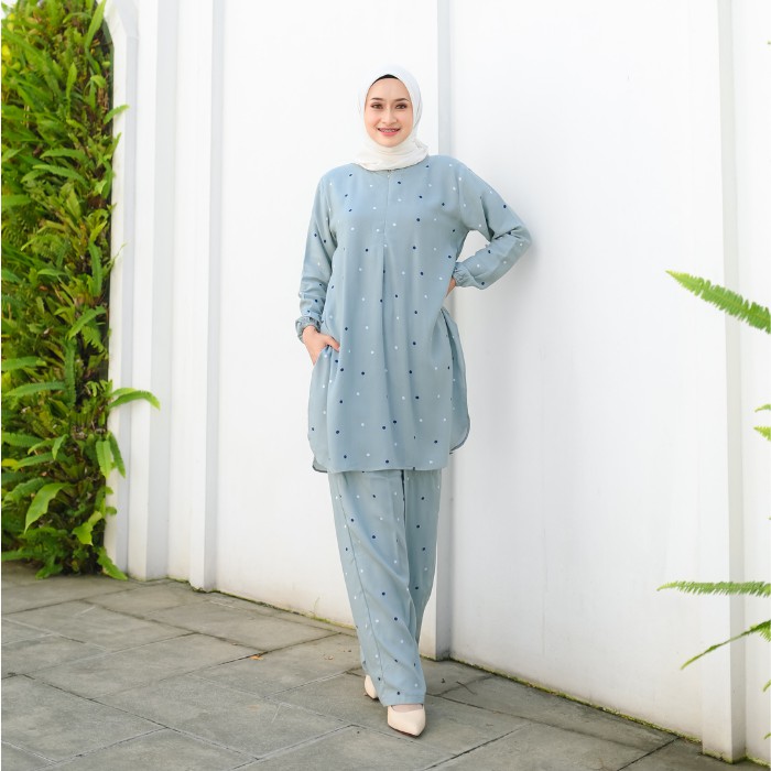PAJAMAS SET CELANA BAJU MUSLIM ONE SET TEI DYE WANITA PIYAMA PAJAMAS-KG GREY