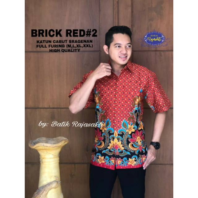 Batik Solo GAGAH MERAH BATA #2 Kemeja Pria Katun Cabut Sragenan Full Furing