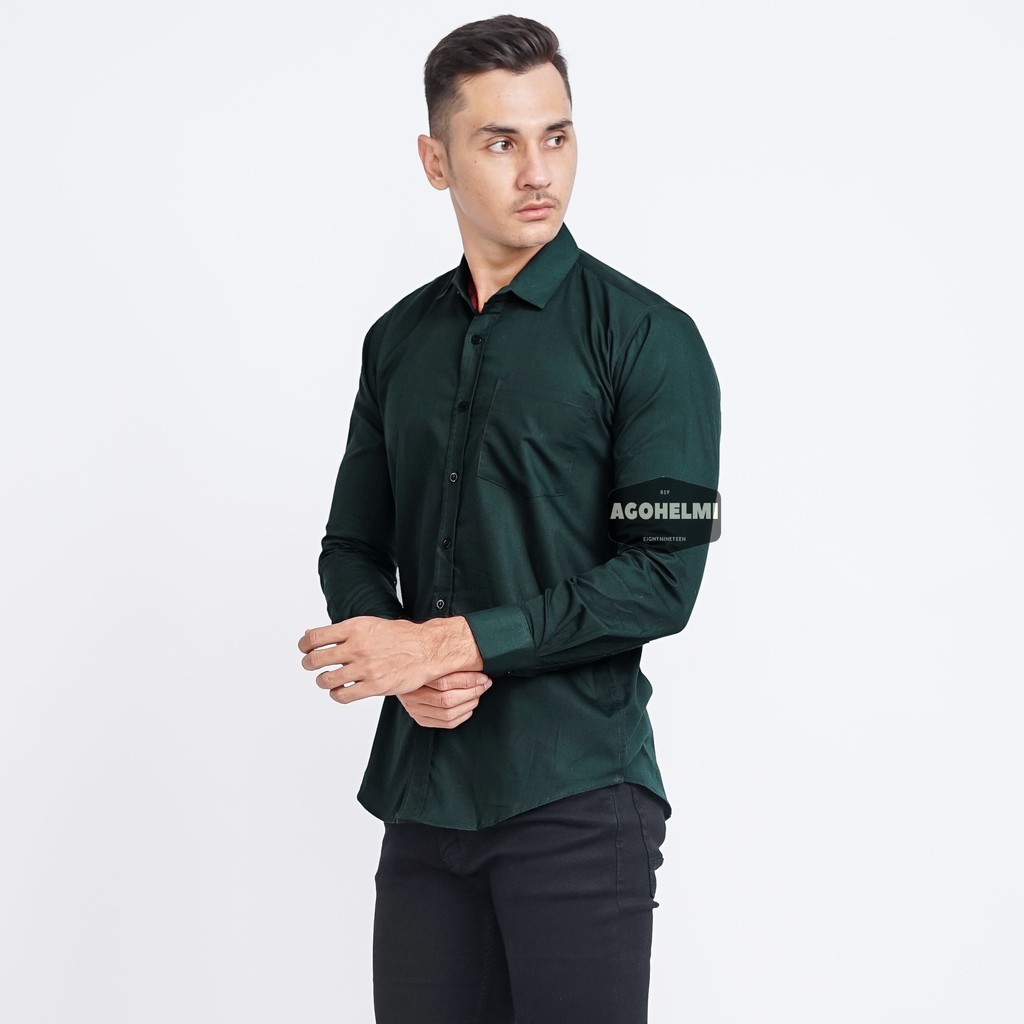 Kemeja Pria Lengan Panjang Hijau Tua Dark Green Hijau Botol Slimfit Casual Kemeja Kerja Kemeja Polos