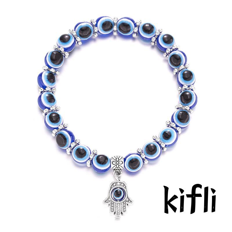 Gelang Tangan Tali,Elastis Manik Kaca,Bulat Motif Mata Iblis,Biru Gaya Klasik,Untuk Wanita