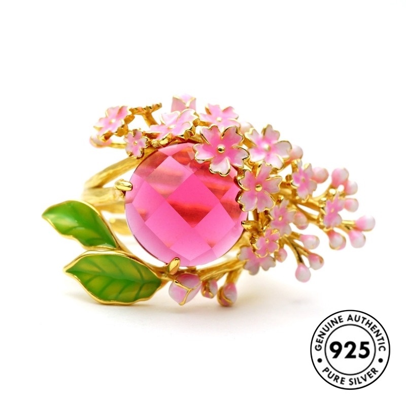 Cincin Lapis Silver S925 Desain Bunga Hias Batu Permata Pink Untuk Wanita