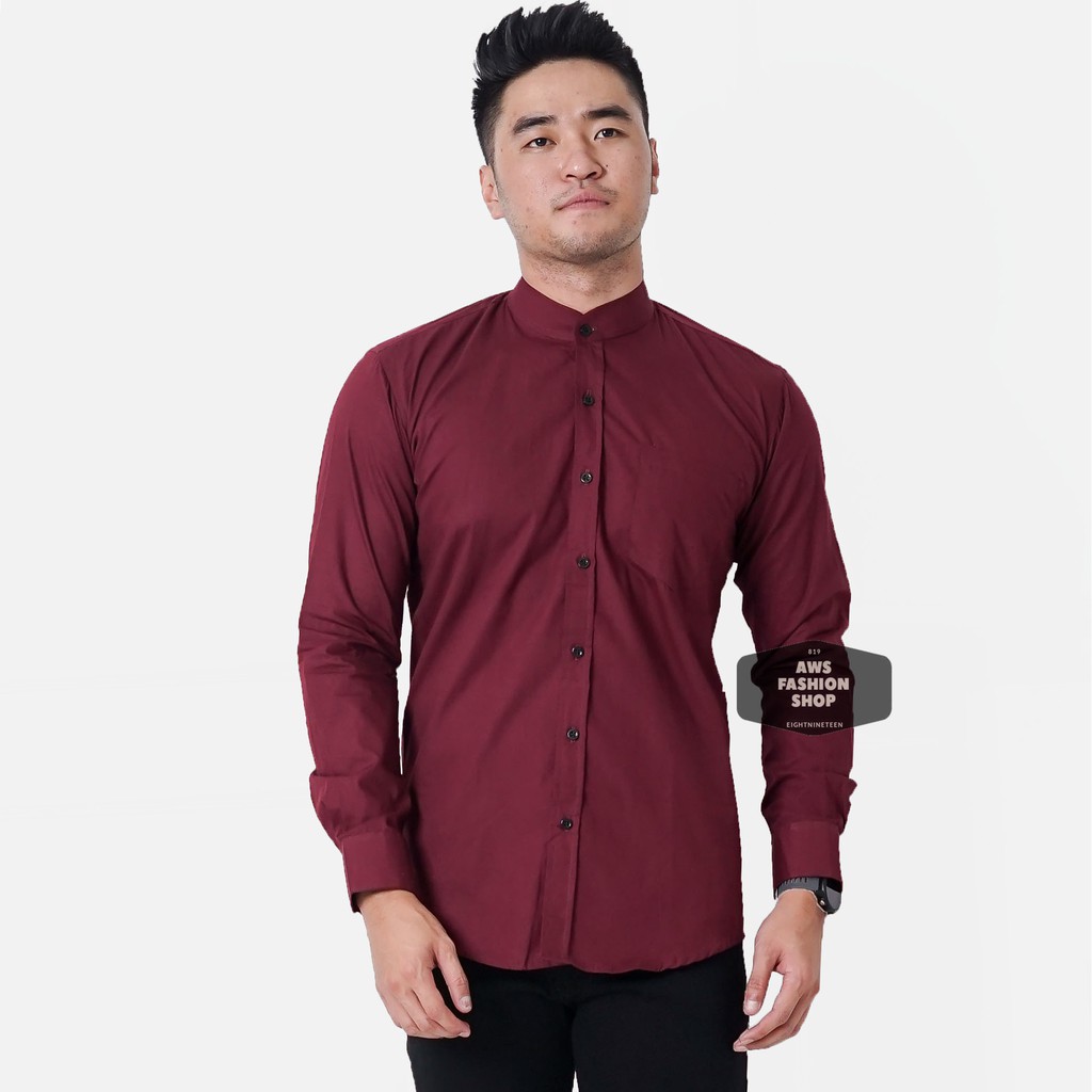 Kemeja Pria Lengan Panjang Polos Merah Maroon Kerah Shanghai Slimfit Casual Kerah Koko