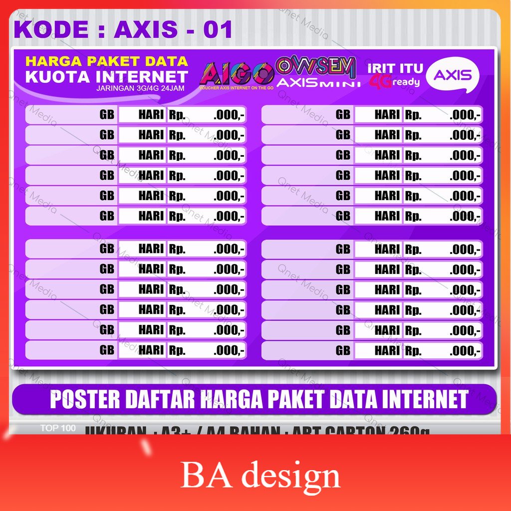 

POSTER KONTER DAFTAR HARGA PAKET ISI ULANG KUOTA (CUSTOM) - BA Design