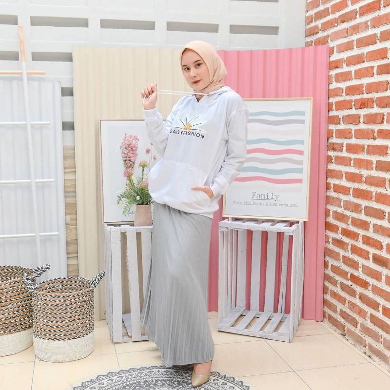 DAISY FASHION Sweater Hoodie Wanita Bahan Fleece-Putih
