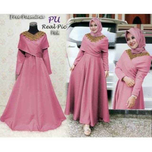 Gamis maxi dress baju muslim pesta free pashmina bahan baloteli bw3337 danisa
