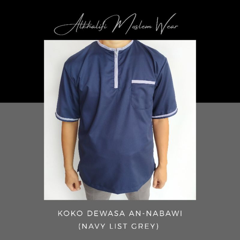 Couple Koko Dewasa An-Nabawi (Navy List Grey) Berkualitas by Alkhalifi Moslem Wear