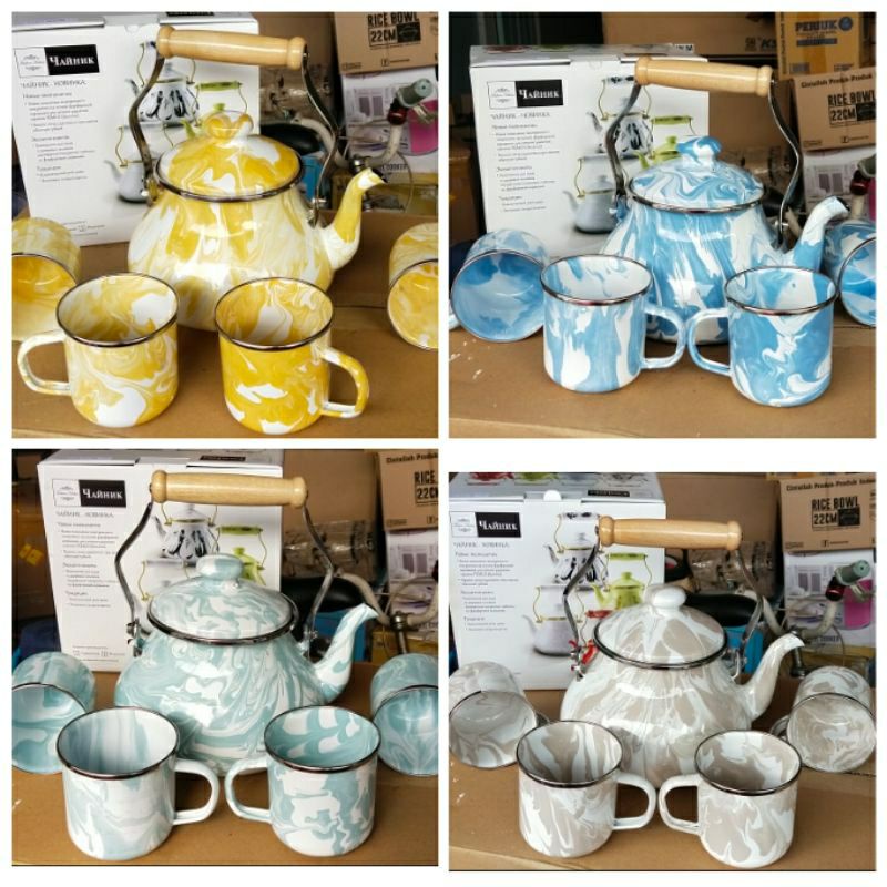 Set teko dan gelas mug enamel jadul blirik marble