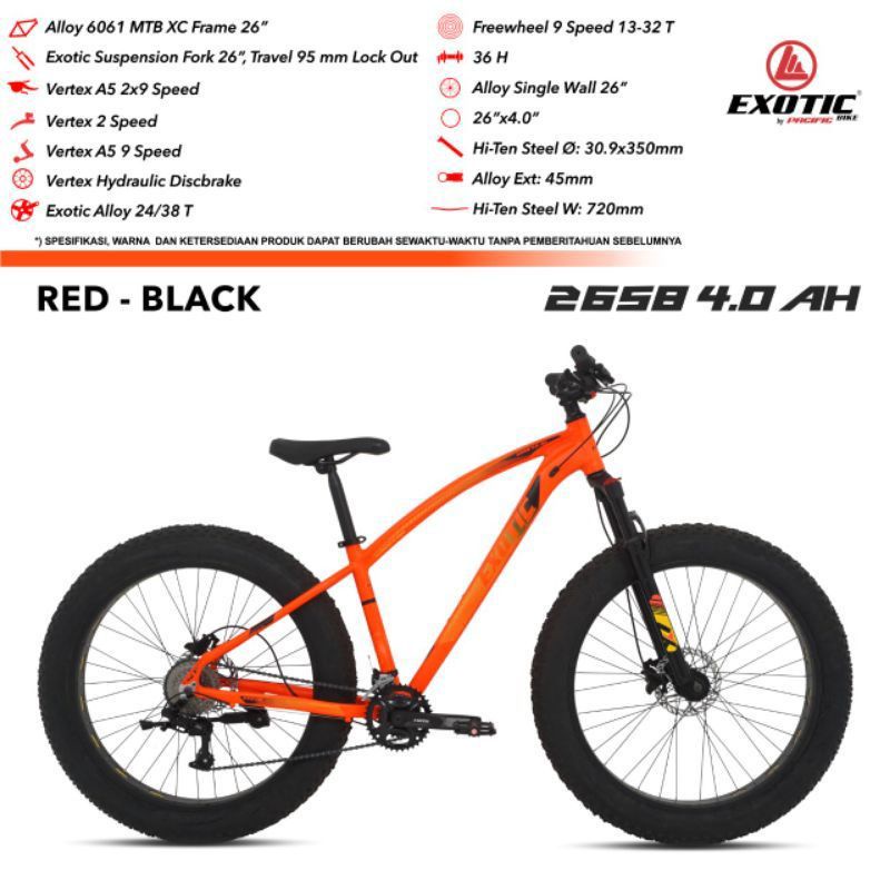 SEPEDA GUNUNG MTB FATBIKE 26 INCH EXOTIC 2658 4.0 AH 18SP HIDROLIK NEW MURAH BARU  FATMAN FATBOY FAT