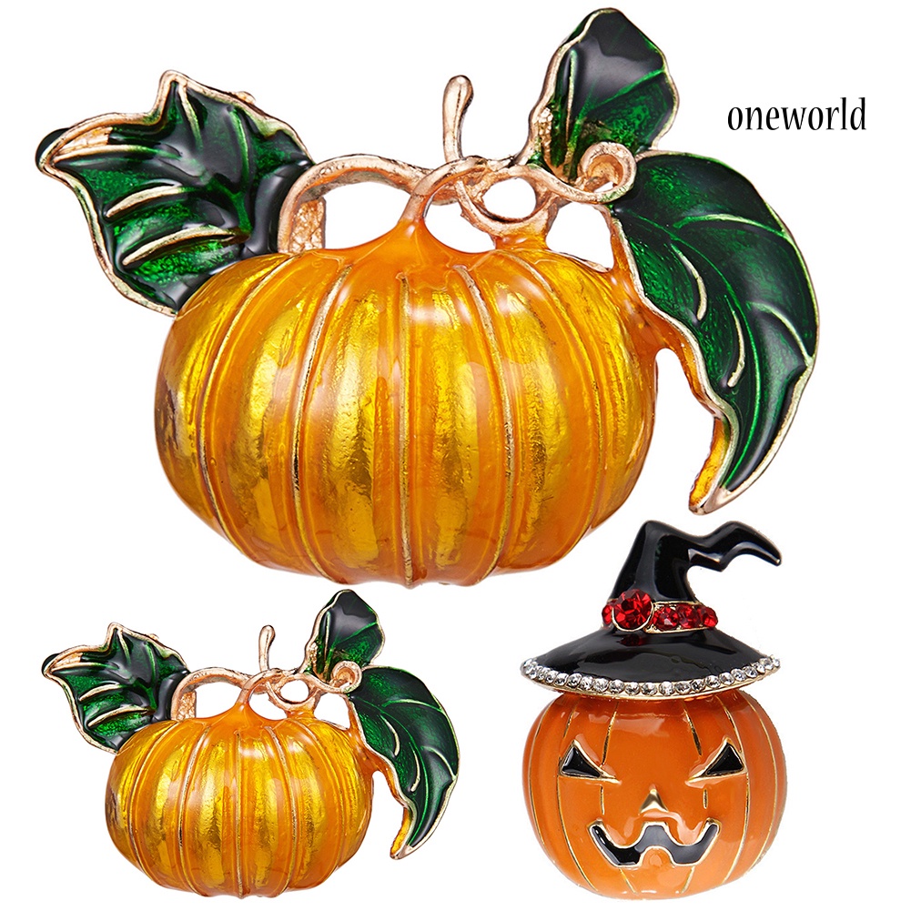 OW@ Halloween Pumpkin Rhinestone Inlaid Enamel Brooch Pin Sweater Shirt Collar Badge