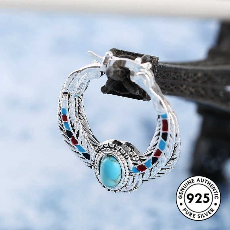 Cincin Sterling Silver 925 Model Bulu Elang Dengan Turquoise Mewah Untuk Wanita