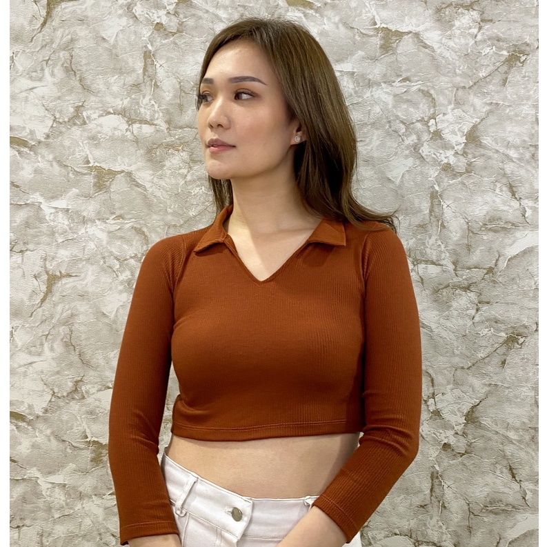 MODAVIE - TAVIA CROP TOP Longsleeve Korea Knit Polo Crop Tee Baju Atasan Wanita Basic Tee
