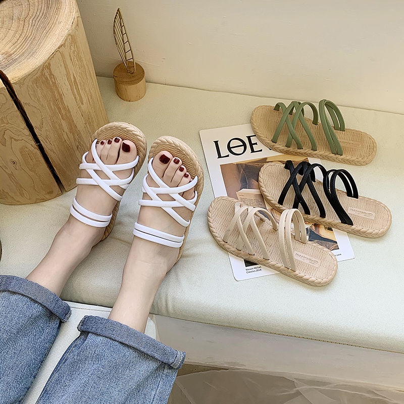 Sendal Wanita Tali Women Sandals Fashion Roman Cross Straps Flat Shoes MALL SHOPPING