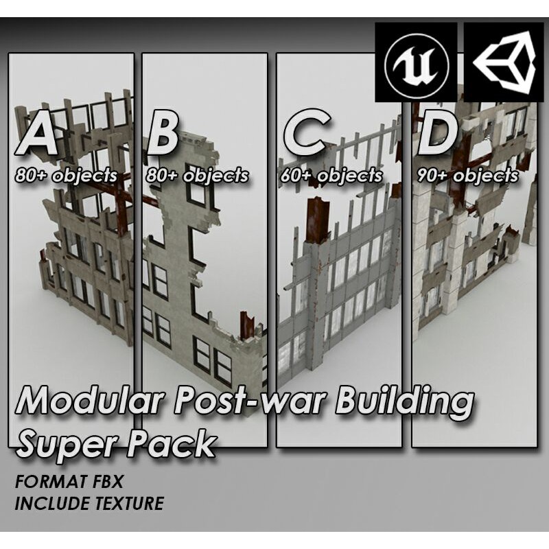 3D Game Asset Modular Post-war Building  Super Pack Unreal dan Unity3D