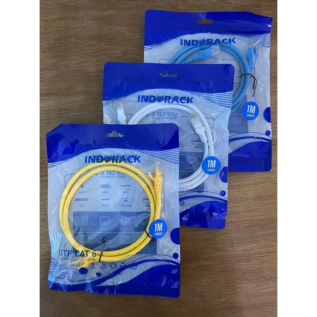 Patch Cord CAT6, 24AWG, 1 Meter Blue / White / Yellow - INDORACK 1 Meter