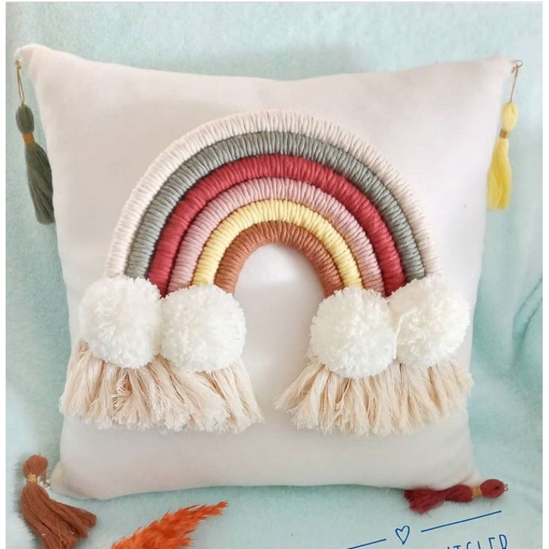 Sarung Bantal Sofa Hias Rajut Macrame Motif Pelangi Warna-Warni