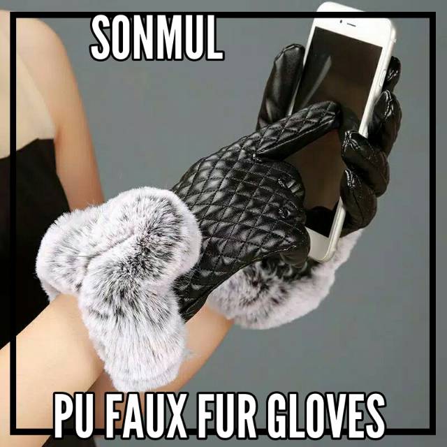 Winter Autumn Woman PU Leather with Faux Fur Gloves Sarung Tangan Wanita Musim Dingin Kulit PU