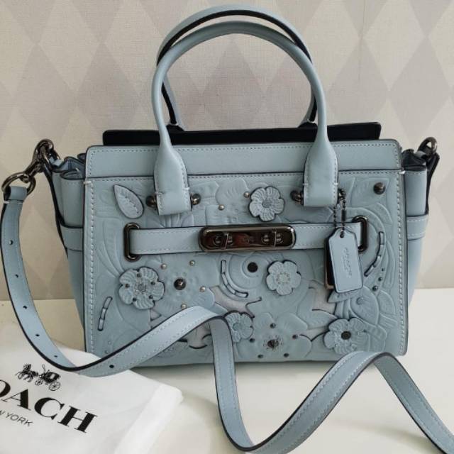 Coach Swagger tea rose pale blue applique