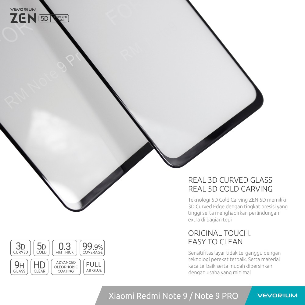 VEVORIUM ZEN 5D Xiaomi Redmi Note 9 PRO Note 9 Biasa 3D Full Cover Tempered Glass Anti Gores Kaca