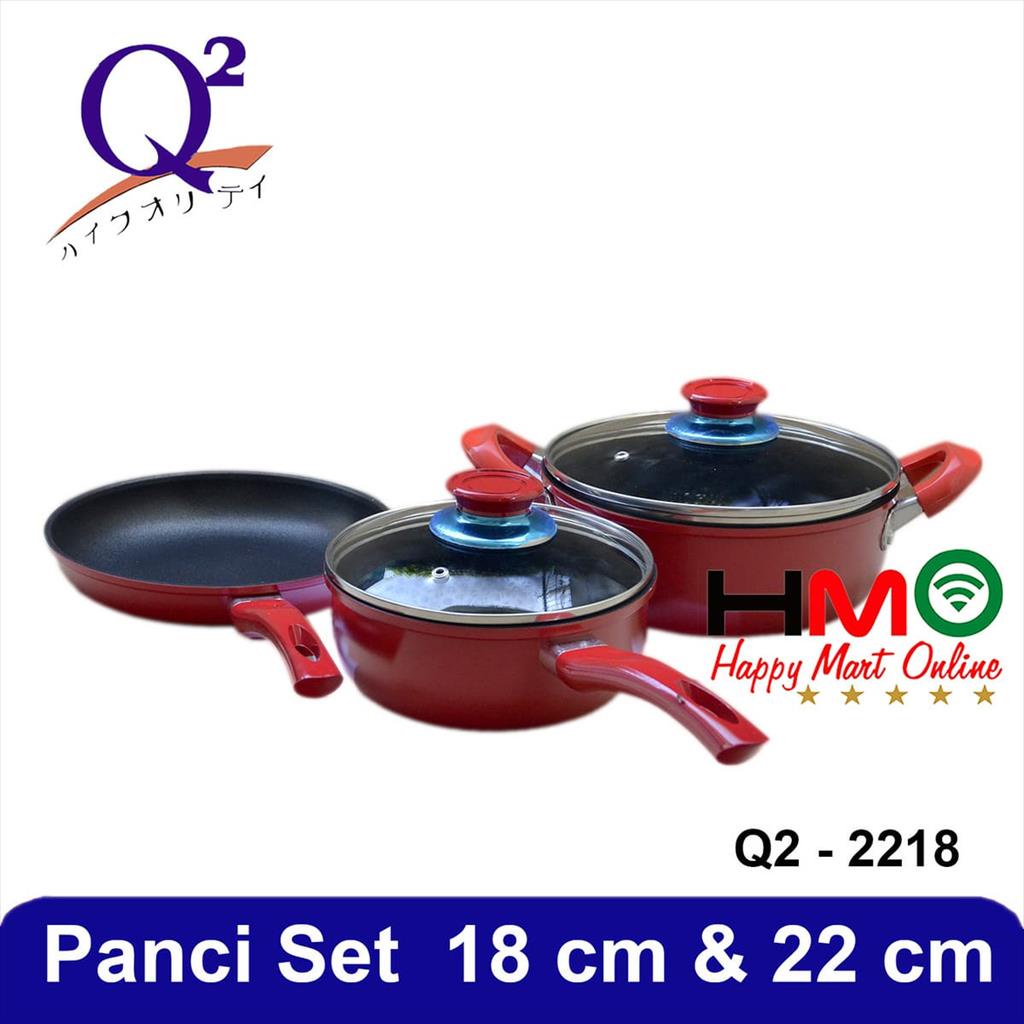 Q2 Panci Wajan Set Teflon Anti Lengket 5 Pcs Set Tutup Kaca Q2-2218