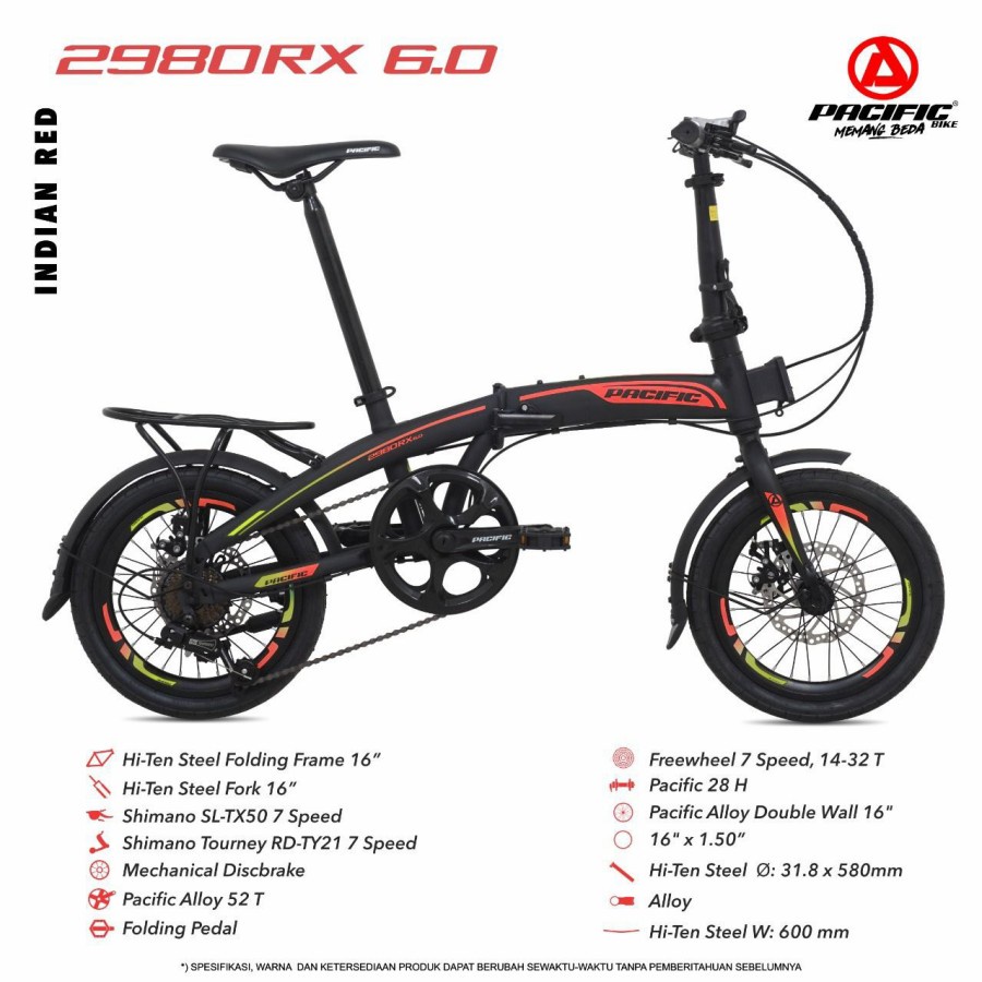 Sepeda Lipat Pacific STEEL 2980 RX 6.0 16 Inch 7 Speed Garansi SNI-Indian Red