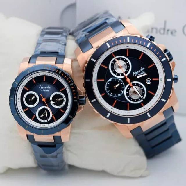 JAM TANGAN COUPLE / PASANGAN ALEXANDRE CHRISTIE BLUE ROSE GOLD TALI RANTAI ORIGINAL - BIRU AC 6141