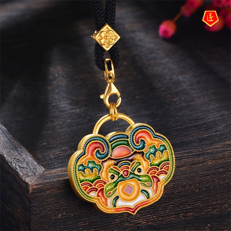 [Ready Stock]Auspicious Beast Lion Gold Pendant Enamel Long Necklace Personalized Niche Design