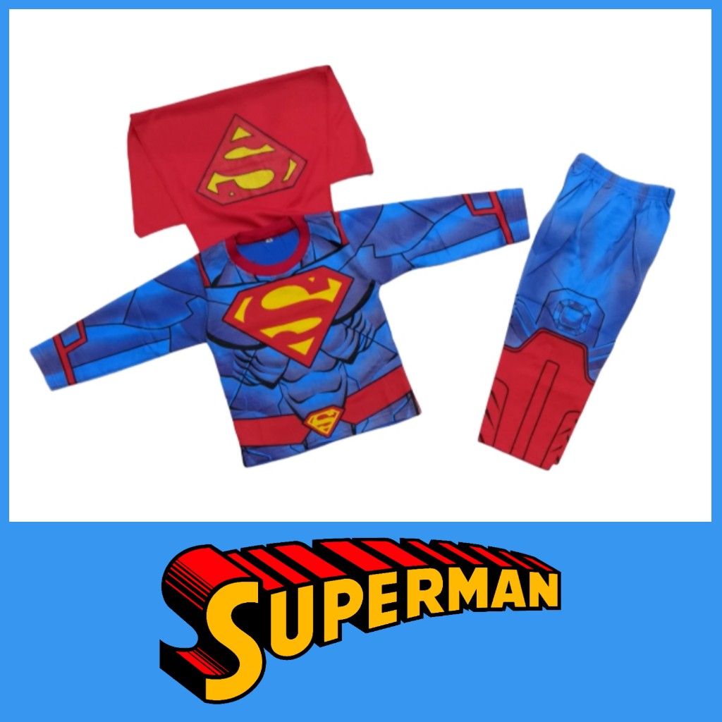 Kostum Anak Karakter Superman III Full Print Baju Sayap Cowok Superhero Setelan Panjang