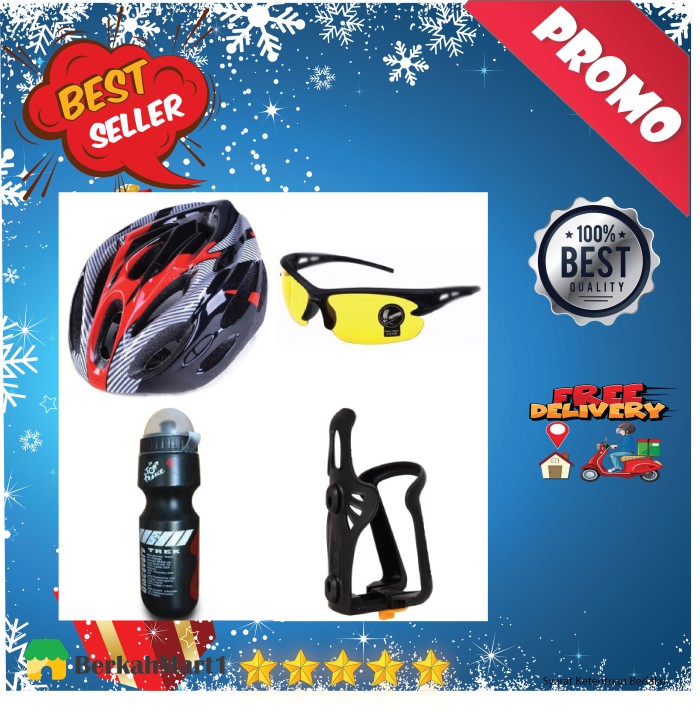 DISKON! Helm Sepeda MTB Gunung PVC + KACAMATA + HOLDER+ BOTOL MINUM