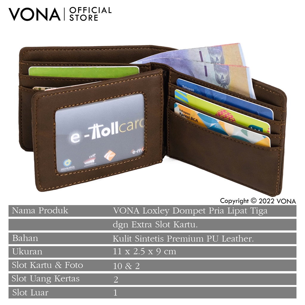 VONA Dompet Pria Lipat Pendek 3 Ruang Extra Slot Kartu Kulit PU Polos - Hitam | Dark Brown | Coklat Brown - LOXLEY-1