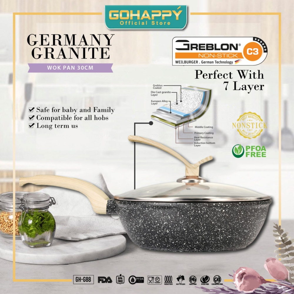 GREBLON C3 Wok Pan 30 cm Germany Granite Gohappy - Panci Penggorengan paling bagus