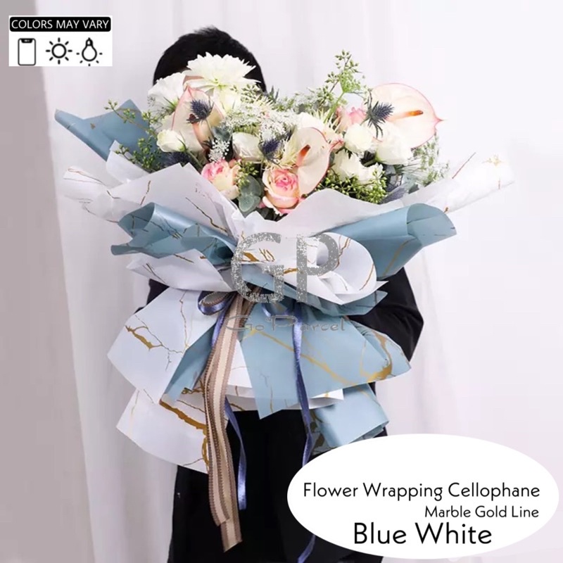 ( 5 Lembar ) MARBLE GOLD LINE - FLOWER WRAPPING KOREAN CELLOPHANE WATERPROOF - KERTAS KARANGAN BUNGA LIS LINE GARIS EMAS
