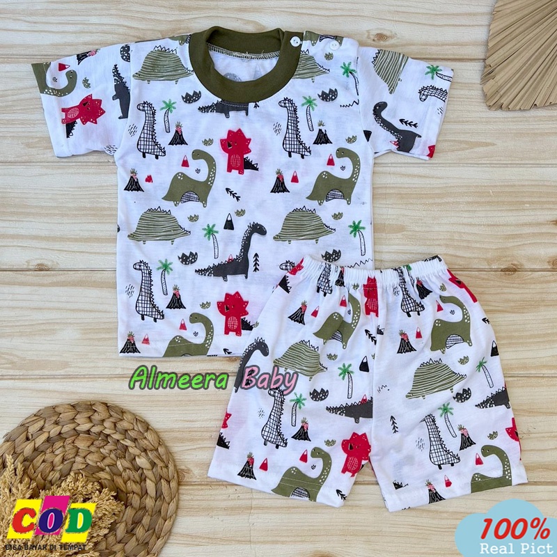 Setelan Baju Bayi Lengan Pendek Motif Dino Anak Usia 3-12 Bulan Almeera Baby and Kids