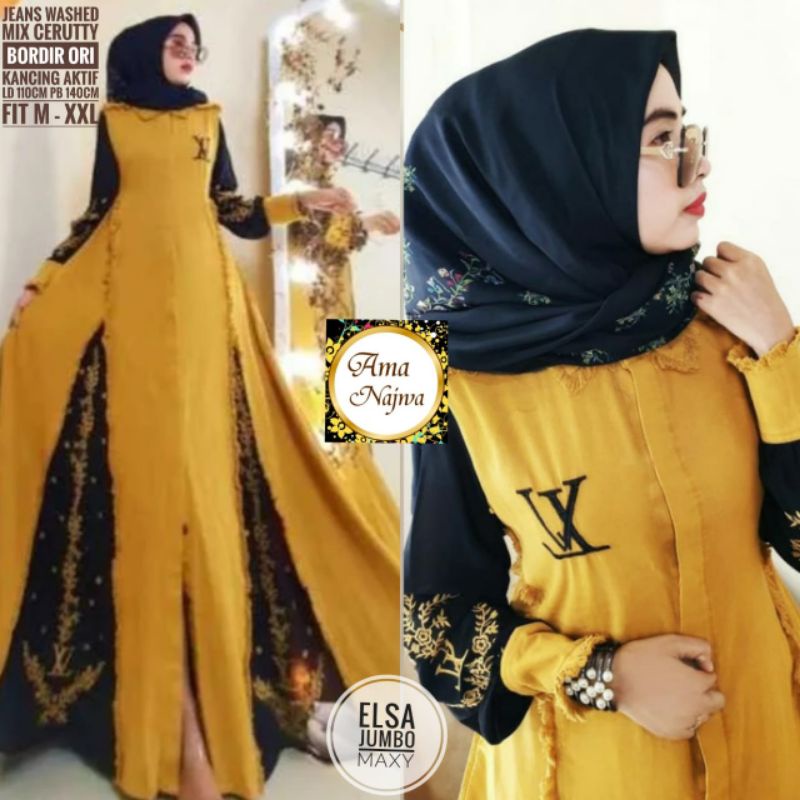 Elsa maxy gamis jeans jumbo mix ceruty bordir ori kancing aktif ld 110 by Amanajwa
