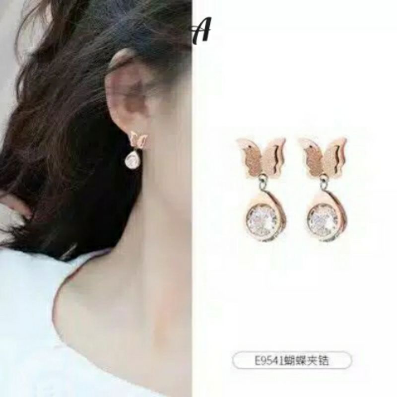 Anting titanium asli kupu round diamond