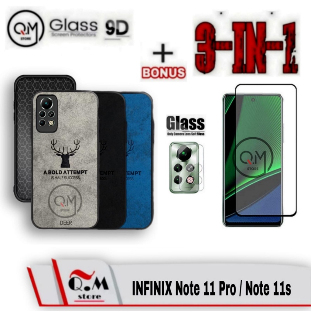 Paket 3 in1 Case Infinix Note 11 Pro / Infinix Note 11s Softcase Deer Pelindung Back Cover BONUS TEMPERED GLASS PLUS CAMERA