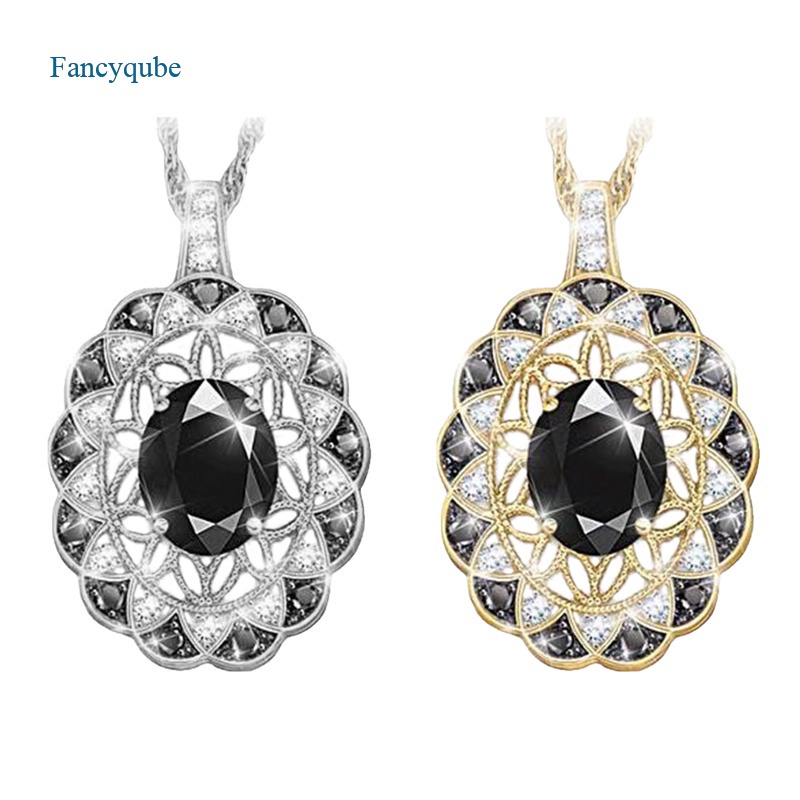 Fancyqube Kalung Sterling Silver 925 Dengan Liontin Batu Akik Kuarsa Bening Bentuk Oval Warna Hitam Untuk Wanita