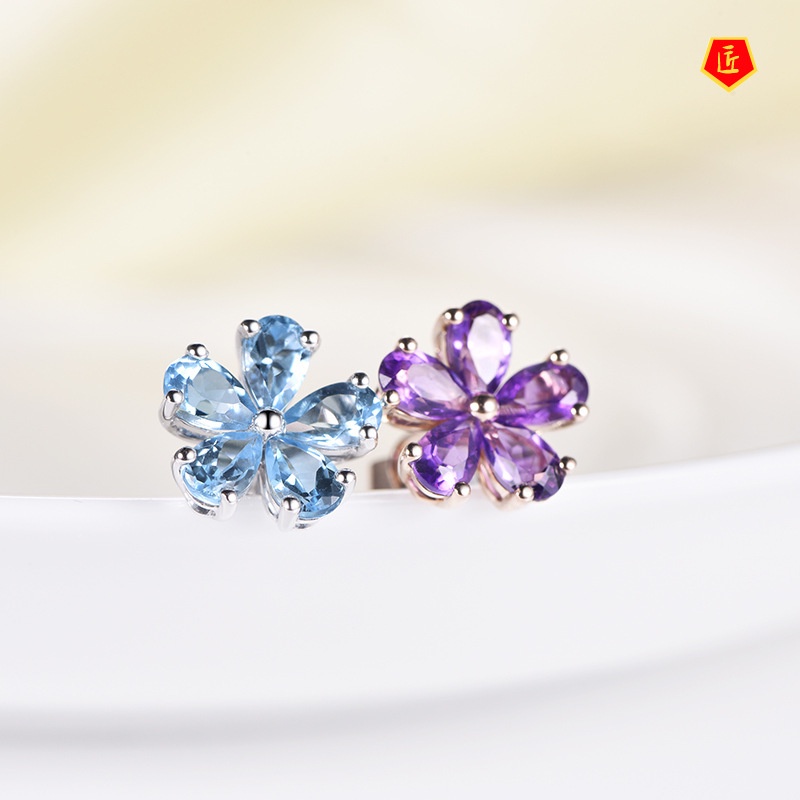 [Ready Stock]Simple Navy Blue Topaz Amethyst Stud Earrings for Women