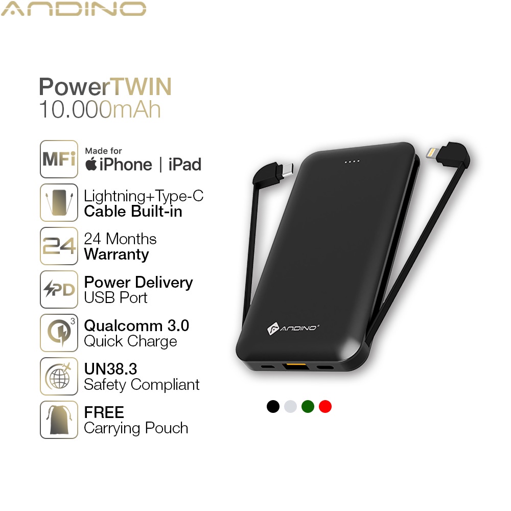 Andino PowerTWIN 10.0 - MFI Powerbank Fast Charging 10000mAh QC PD