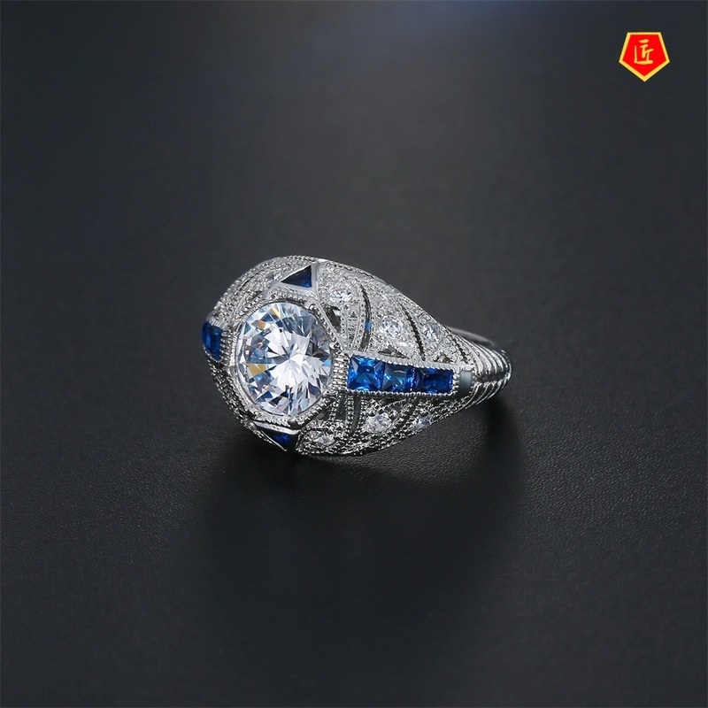 [Ready Stock]Elegant 925 Silver Sapphire Diamond Ring