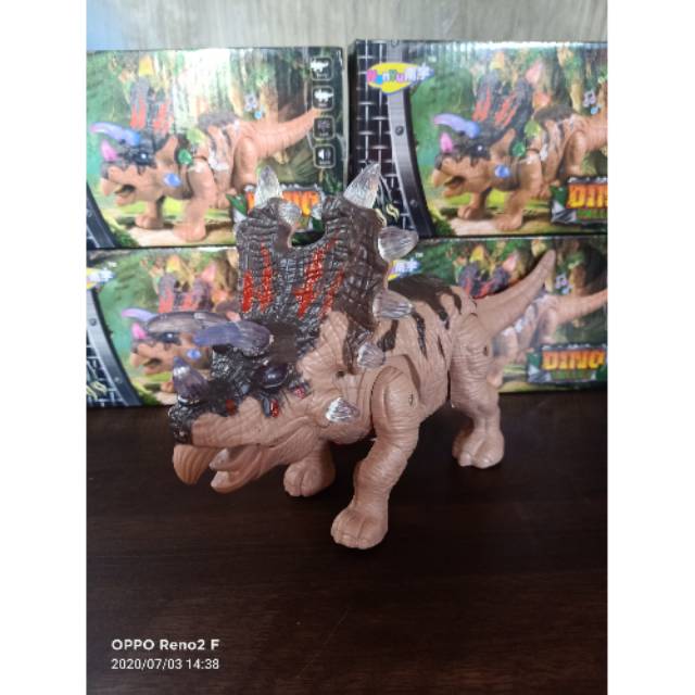 NY005-B mainan dinosaurus badak bercula tiga menggunakan baterai ada suara + led nya dino valley