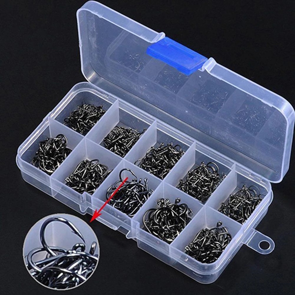 [500 Pcs 3#-12# 10 Sizes Assorted Sharpened Carbon Steel Fishing Hooks with Tackle Box][Fly Fishing Single Circle Fishhook][Barbed Carp Hooks]