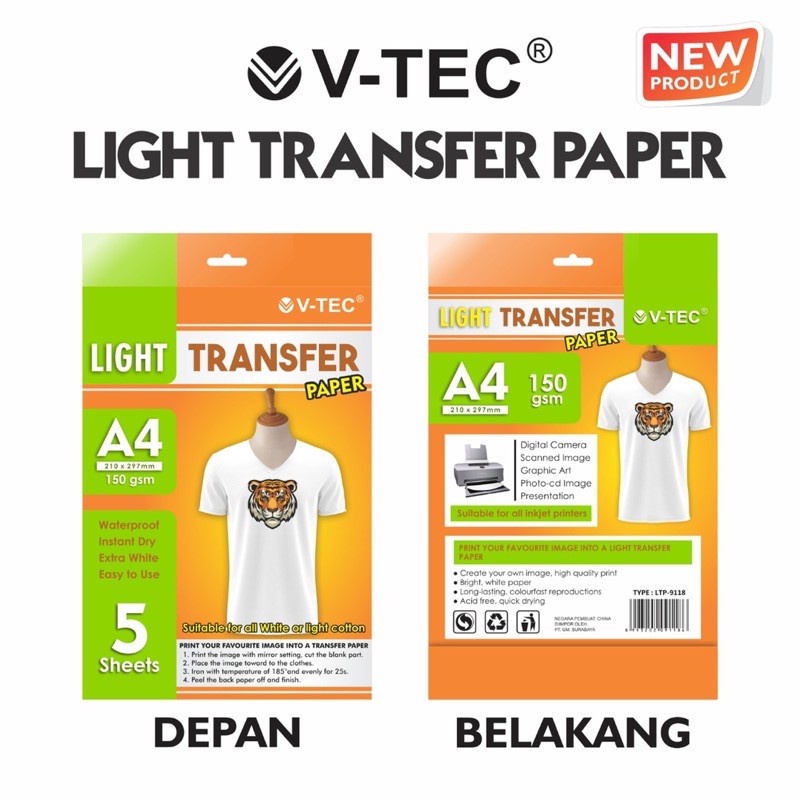 

(1Pack = 5 lbr) KERTAS FOTO Light Transfer Paper A4 150gsm V-tech