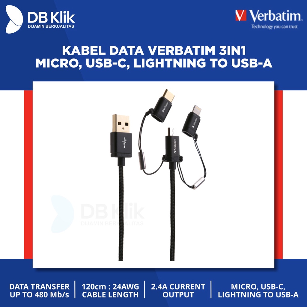 Kabel Data Verbatim 3in1 Micro, USB-C, Lightning to USB A 120cm- 65385