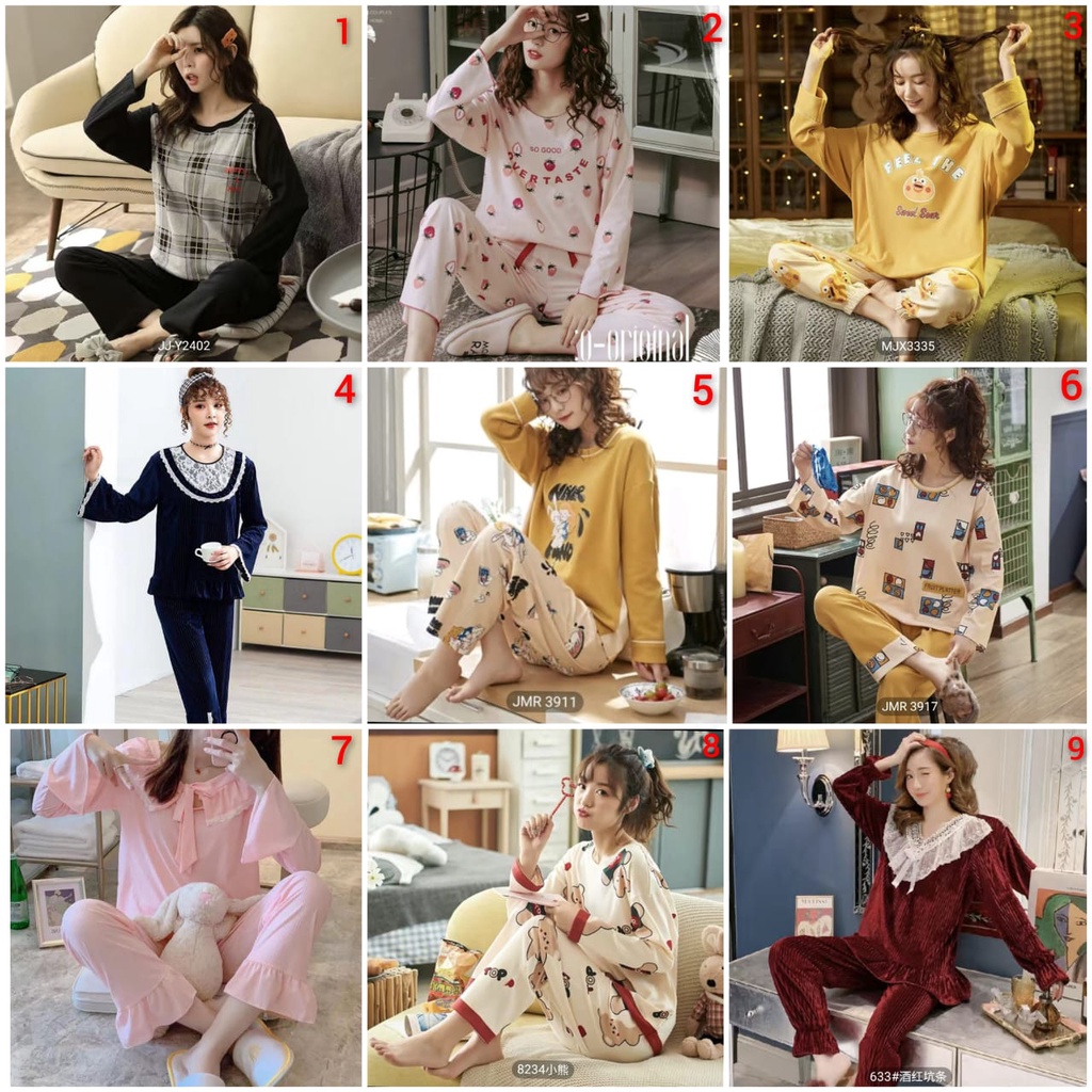 Baju tidur piyama lengan panjang celana panjang bahan kaos import ppkaos