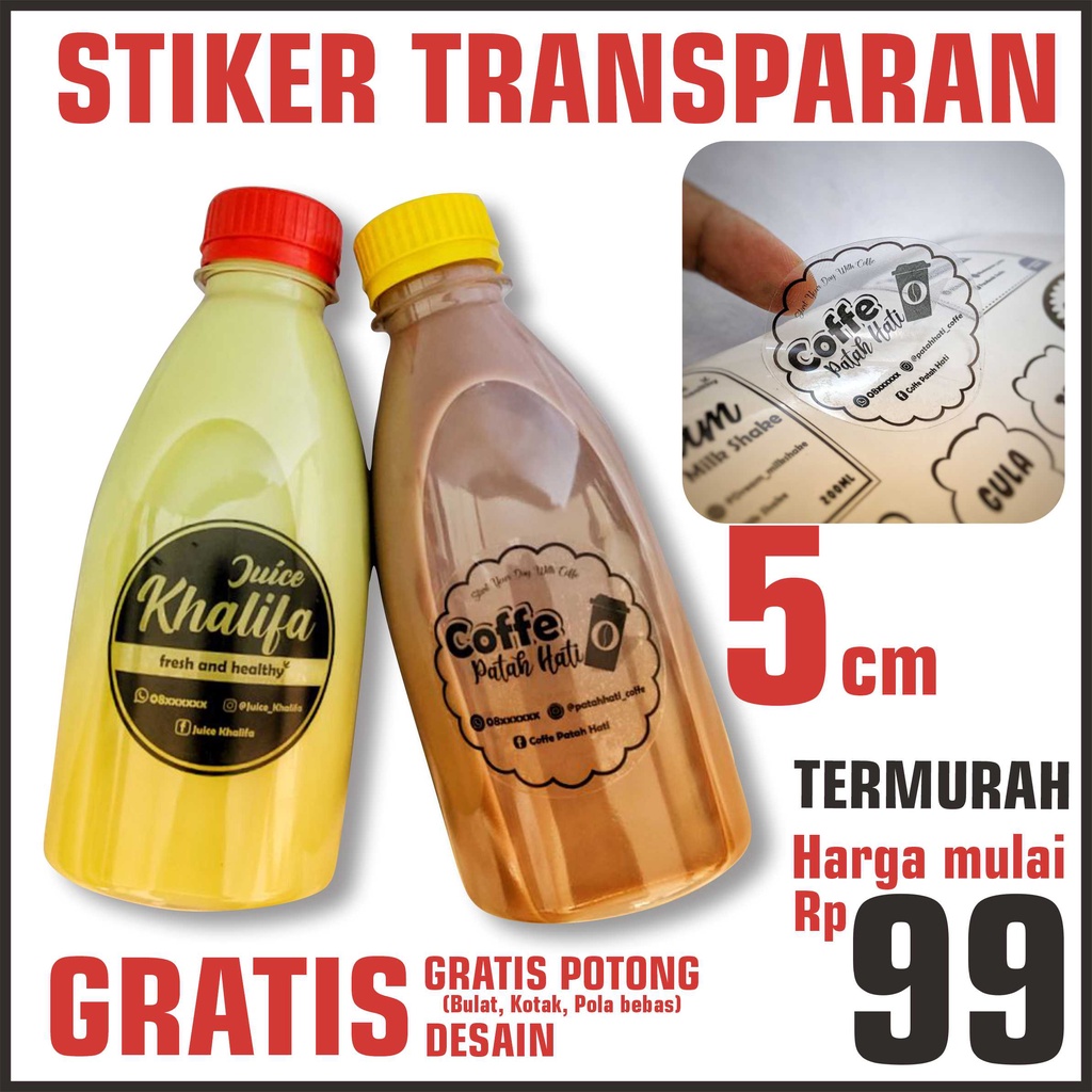 Cetak Stiker Transparan 5 cm potong BULAT Label Nama Minuman Skincare Makanan