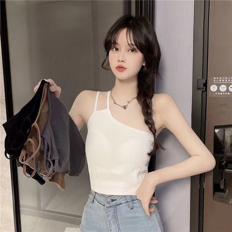 HUES.ID Tanktop Terbaru Asimetris One Shoulder Atasan Wanita Crop Korean Look Double Tali Kecil 1094