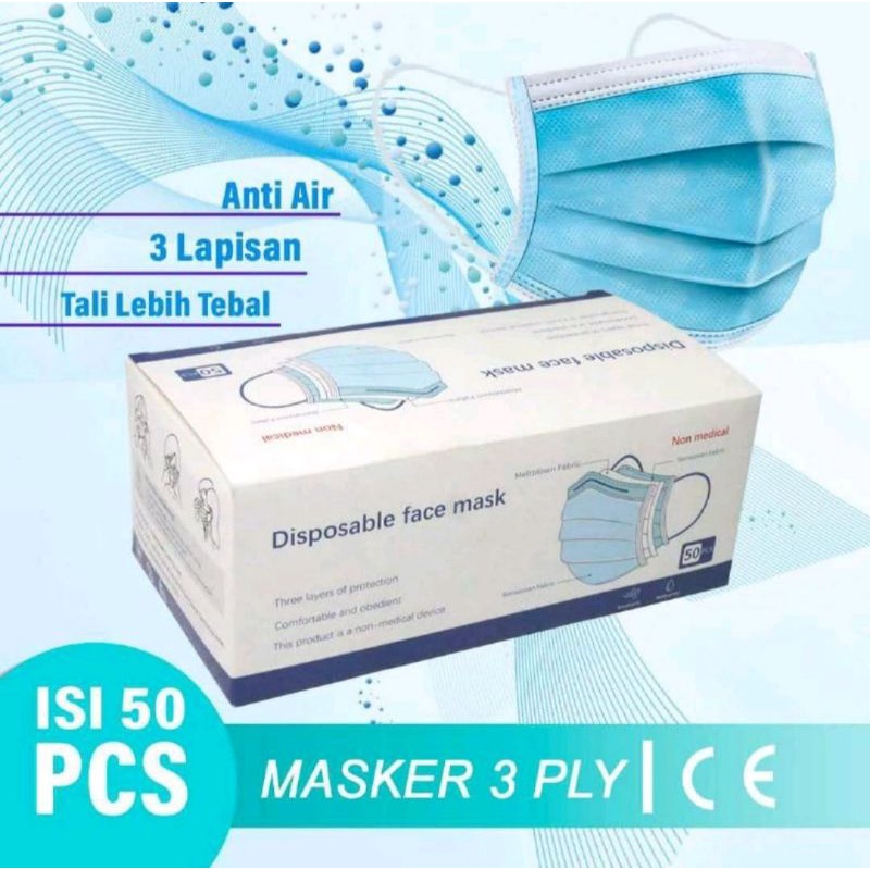 MASKER EARLOOP 3 PLY HITAM &amp; BIRU ISI 50 PCS / BOX ...FREE BOX