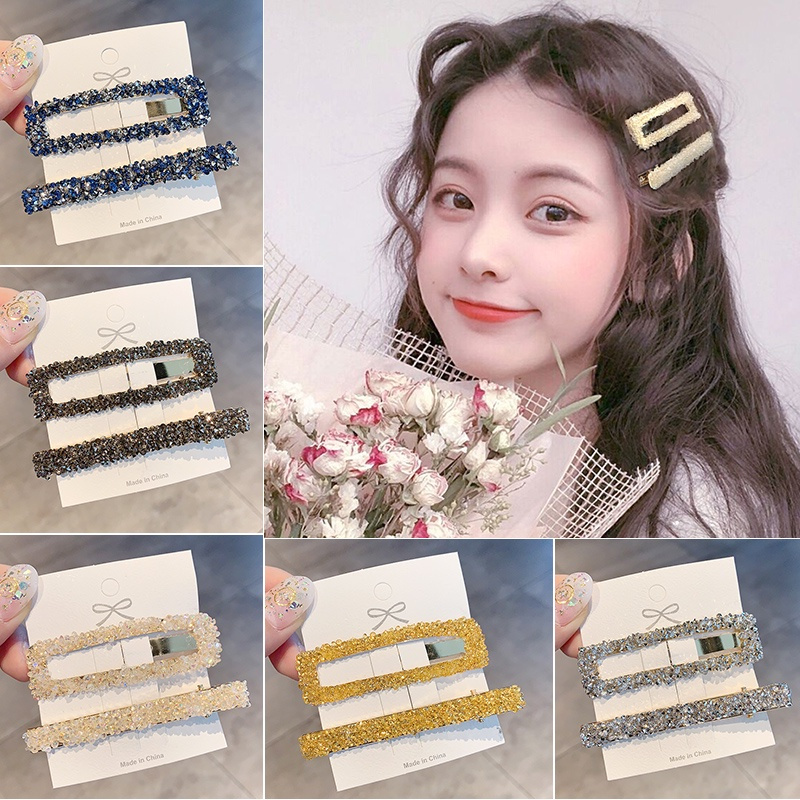 2Pcs/Set Women Korean INS Style Retro Square Rhinestone Hair Clip / Large Simple Crystal One word BB Bangs Hair Accessories