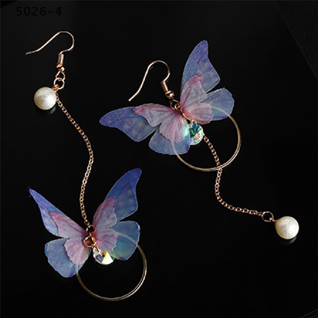5026-4 1Pair Yarn Butterfly Dangle Earrings Long Ear Line Pearl Rhinestone Earrings 5026-4