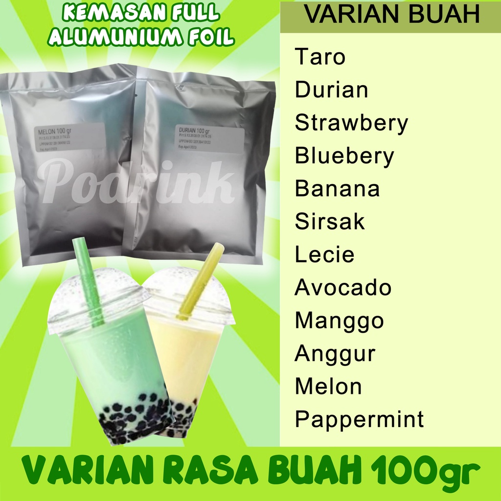 

Bubuk Minuman 100gr Murah Varian Buah Untuk Boba, Esblend, Jellydrink dsb (mix gula)
